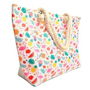 BEACH TIME!! Large Pink Flamingos & Tropical Fruit Tote